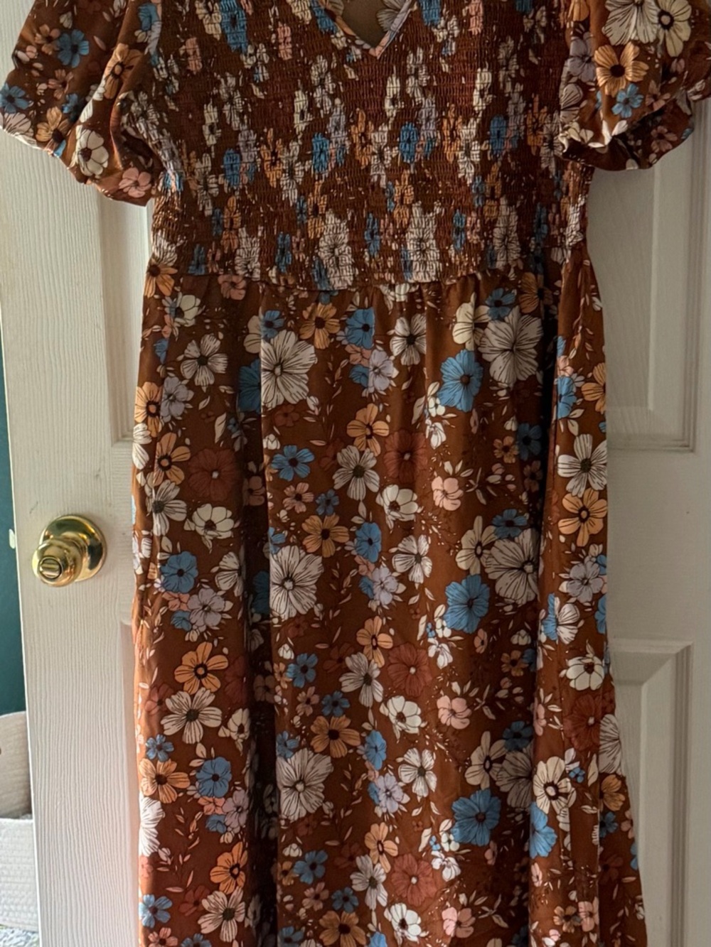 BloomChic Brown Floral Smocked Casual Dress with Blue & Cream Flowers